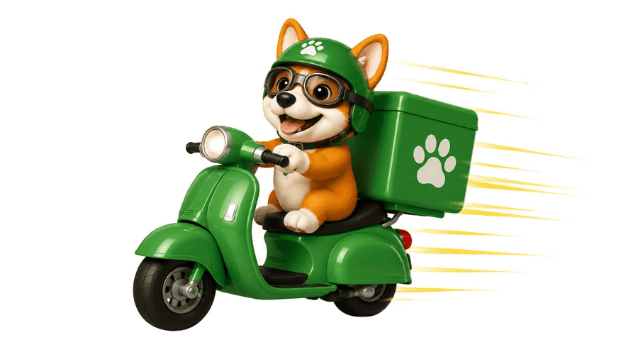 Entregador iPets em uma scooter levando o pedido do seu pet